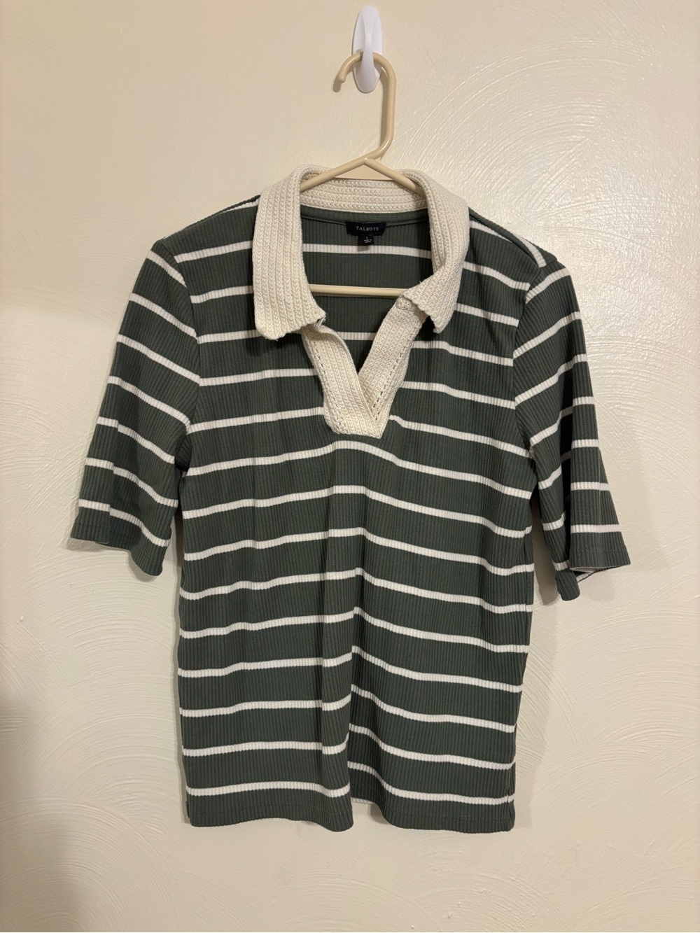Talbots Women’s L Olive Green Striped Ribbed Polo Top
